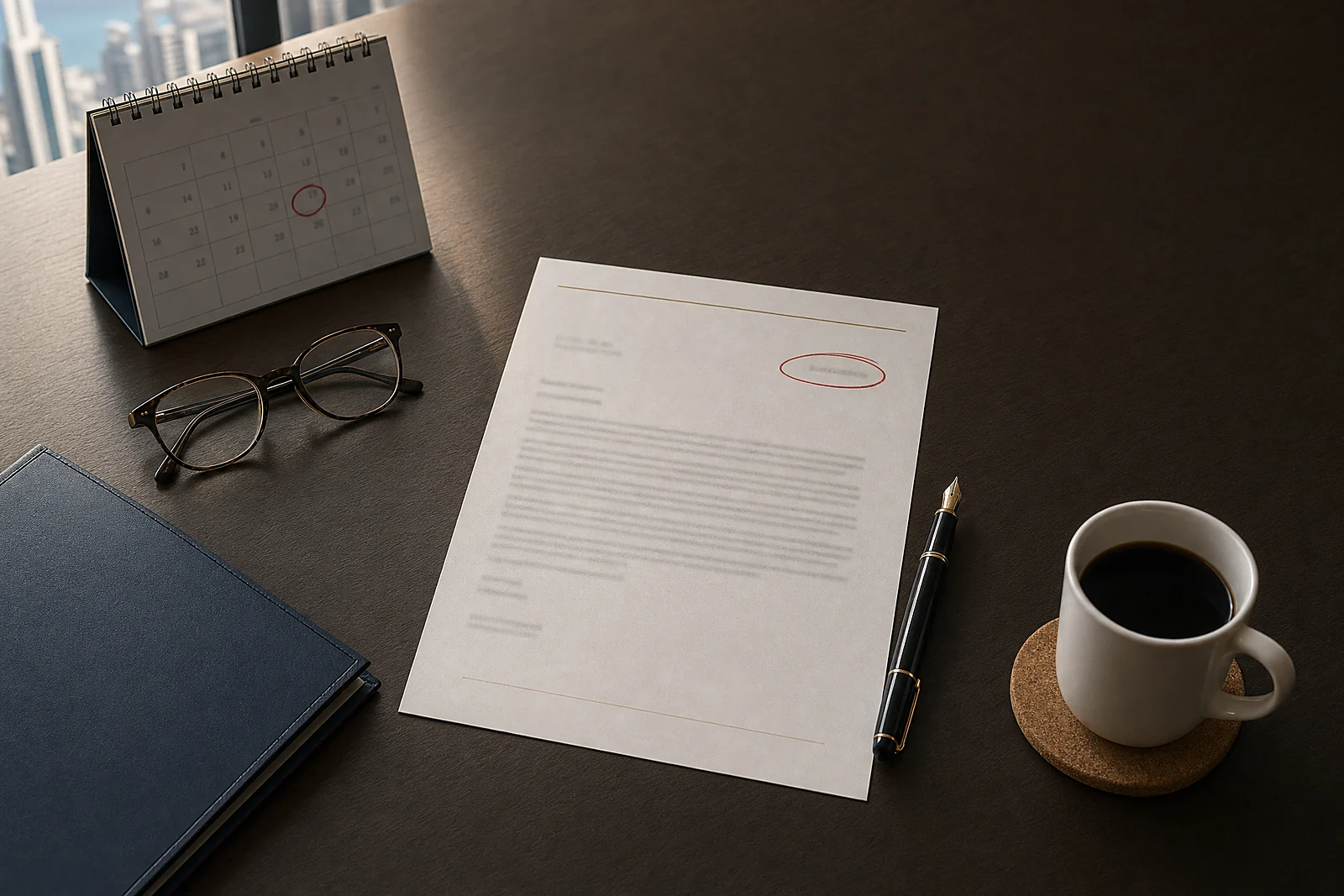 A Federal Tax Authority penalty notice under review on a Dubai office desk