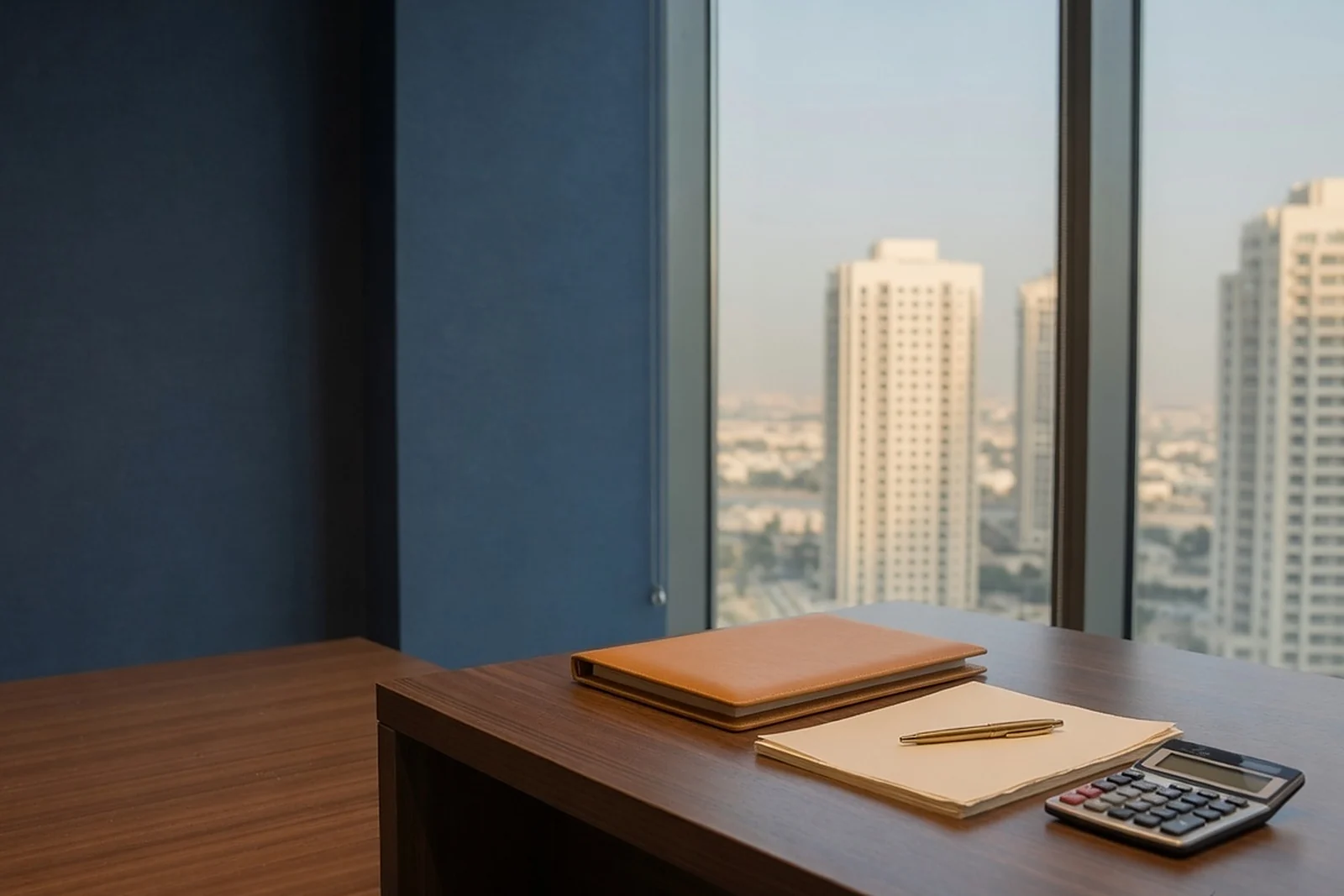 A closed leather folder and unmarked papers on a walnut desk in a Dubai office, city towers visible through glass on the right