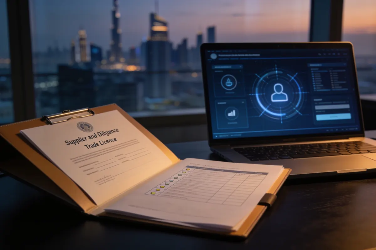 A supplier due diligence file open on a desk beside a laptop showing a TRN verification screen