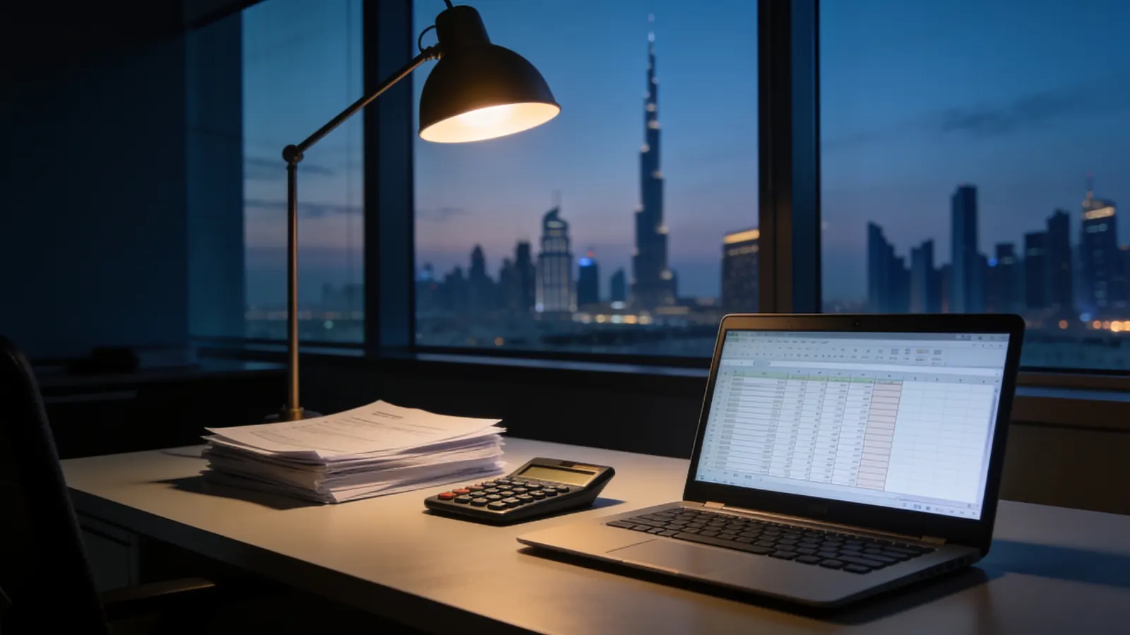 Desk with invoices and a laptop in a Dubai office at dusk